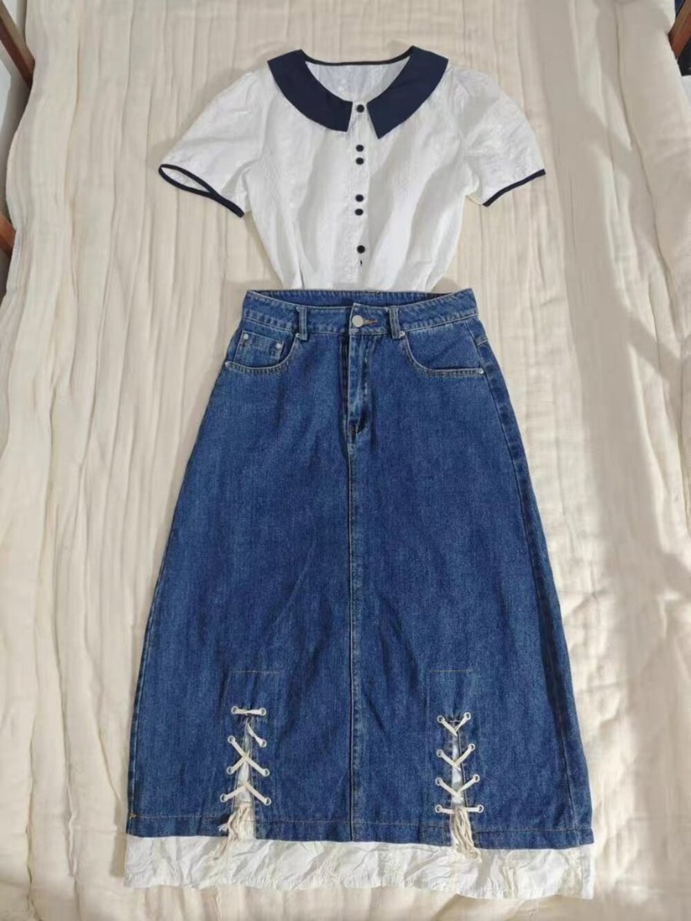 Peter Pan Collar Blouse + Lace‑Up Denim Midi Skirt 2‑Piece Casual Outfit Set